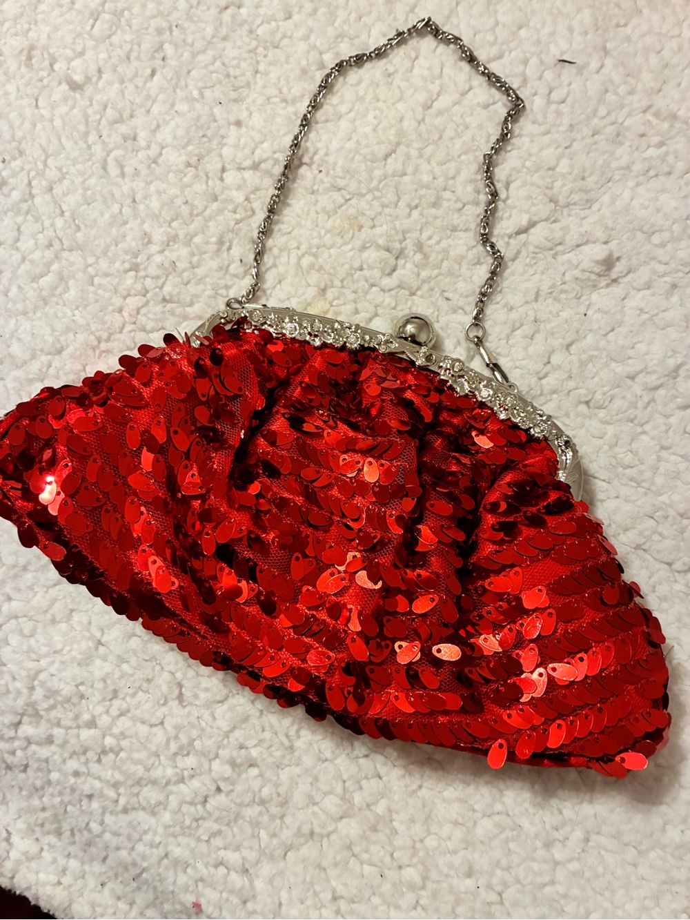 Red Sequin Evening Clutch Bag with Silver Chain